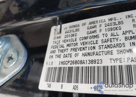 2008 Honda Accord 2.4 Ex-L из США, поврежденный, VIN 1HGCP26808A138923